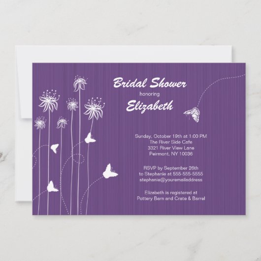 フローラモダンバタフライブライダルシャワー招待状パープル 招待状 (正面)