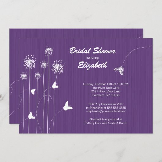 フローラモダンバタフライブライダルシャワー招待状パープル 招待状 (正面/裏面)