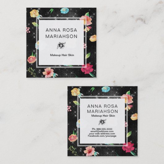 **フローラモダンバラ模様銀グリッター スクエア名刺 (正面/裏面)