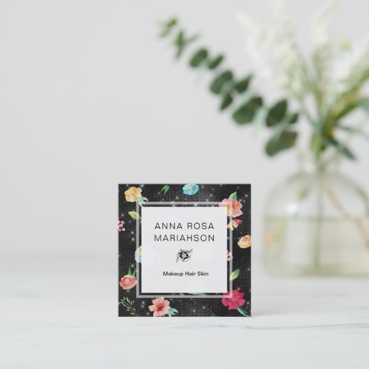 **フローラモダンバラ模様銀グリッター スクエア名刺 (スタンド正面)