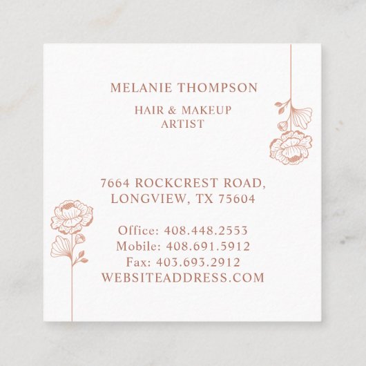 フローラモダンバラ美しいフォトアーチピンク&ブラウン スクエア名刺 (裏面)