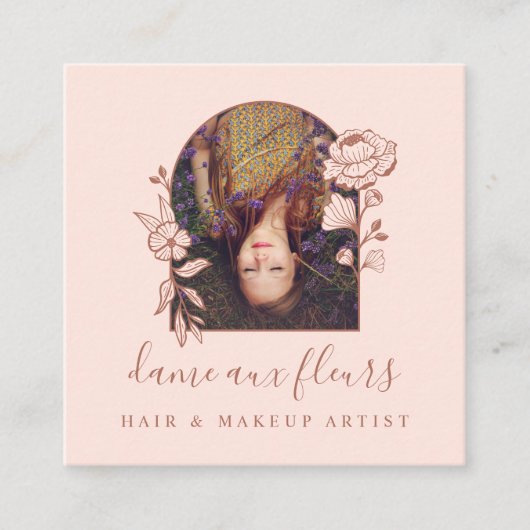 フローラモダンバラ美しいフォトアーチピンク&ブラウン スクエア名刺