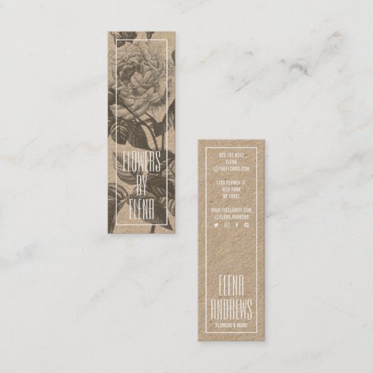 フローラモダンバラ花茶色クラフト花屋 スキニー名刺 (正面/裏面)