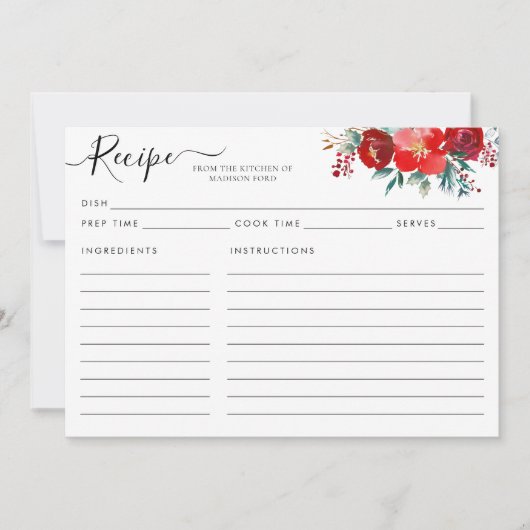 フローラモダンバーガンディーホリークリスマスレシピカード (正面)