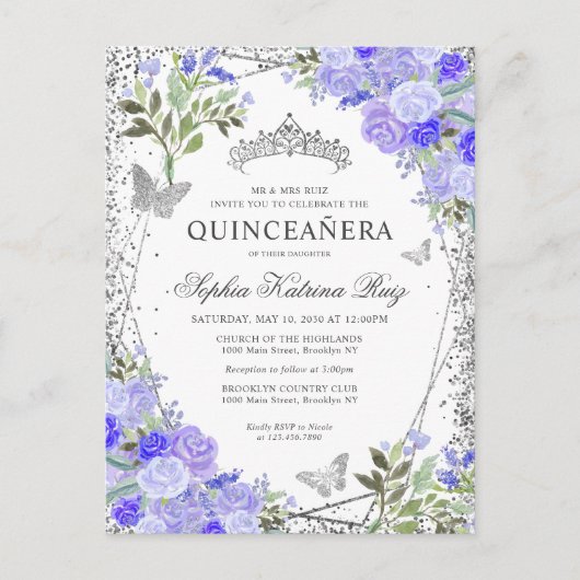 フローラモダンパープルシルバーグレーティアラキンセアニラ ポストカード (正面)