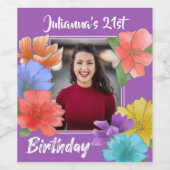 フローラモダンパープルハッピー21歳の誕生日フォト ワインラベル (シングルラベル)
