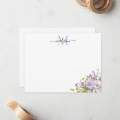 フローラモダンパープルピンクローズグリーンリーモノグラム ノートカード (正面/裏面インサイチュ)