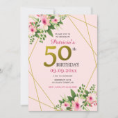 フローラモダンピンクと金ゴールド50誕生日 招待状 (正面)