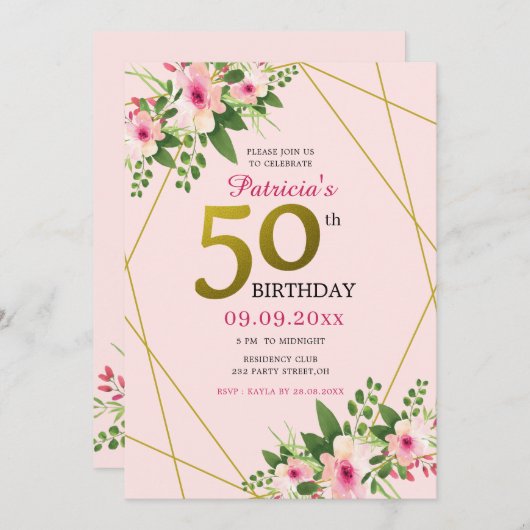 フローラモダンピンクと金ゴールド50誕生日 招待状 (正面/裏面)