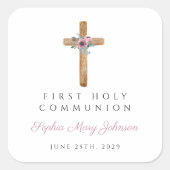 フローラモダンピンククロスガールファースト聖餐式 スクエアシール (正面)
