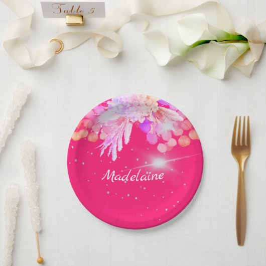 フローラモダンピンクシルバーパーソナル ペーパープレート (ウェディング)