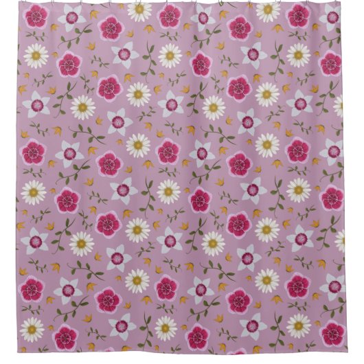 フローラモダンピンクディアンサス&デイジーハンドドロー シャワーカーテン (正面)