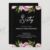フローラモダンピンクブラック60誕生日 招待状 (正面/裏面)