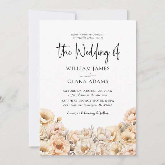 フローラモダンピーニーウォーターカラーパステル結婚ズ 招待状 (正面)