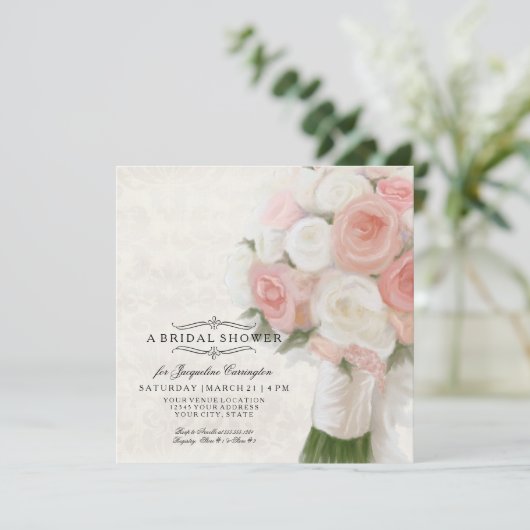 フローラモダンブライダルシャワーエレガントレースダマスク 招待状 (スタンド正面)