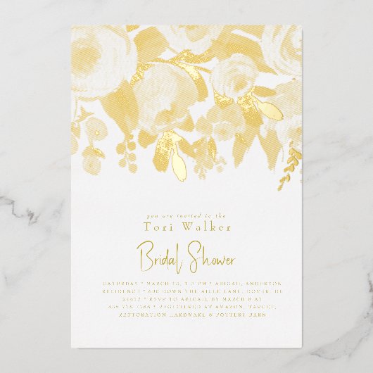フローラモダンブライダルシャワー金ゴールド 箔招待状 (正面)
