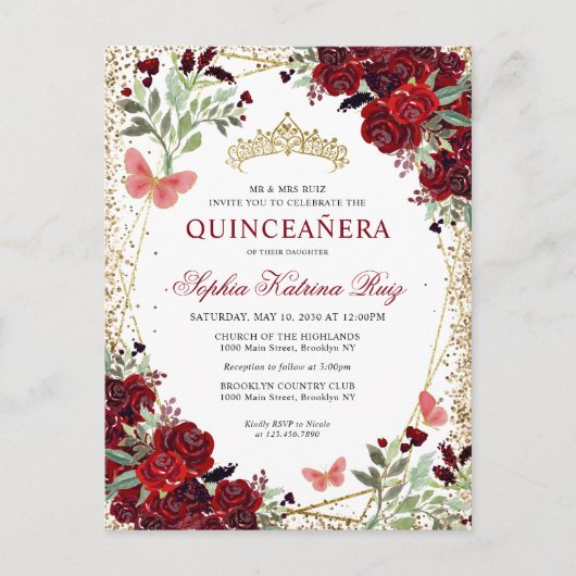 フローラモダンブルガンディレッド金ゴールドティアラキンセアニラ ポストカード (正面)