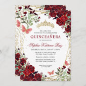 フローラモダンブルガンディレッド金ゴールドティアラキンセアニラ 招待状 (正面/裏面)