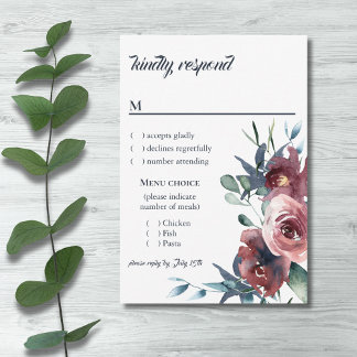 フローラモダンブルガンディーネイビーピーチ赤面メニューRSVP 出欠カード