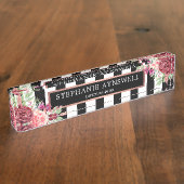 フローラモダンブルゴーニュ白黒ストライプ デスクネームプレート (側面)