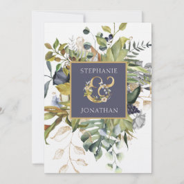 フローラモダンブルー&グリーンとアンパサンド結婚ズ 招待状