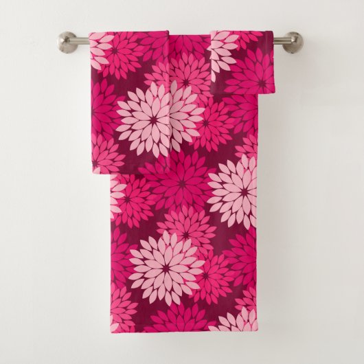 フローラモダンプリント、コーラルピンク&ブルゴーニュ バスタオルセット (インサイチュ)