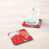 フローラモダンプリント、コーラルレッド、グレー コースター (右側)