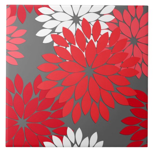 フローラモダンプリント、コーラルレッド、グレー タイル (正面)