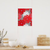 フローラモダンプリント、コーラルレッド、グレー ポスター (キッチン)