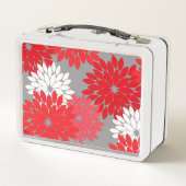 フローラモダンプリント、コーラルレッド、グレー メタルランチボックス (裏面)