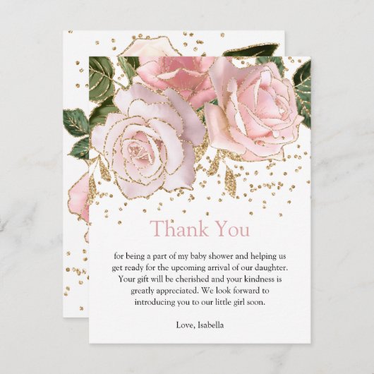 フローラモダンベビーガールシャワーサンキューカード 招待状 (正面/裏面)
