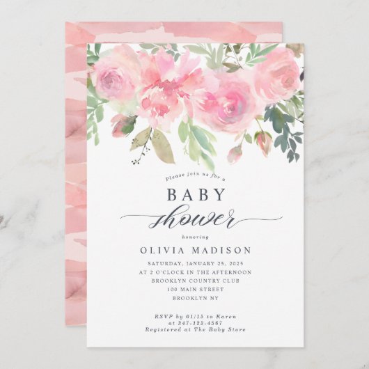 フローラモダンベビーシャワー赤面ピンクローズ牡丹 招待状 (正面/裏面)