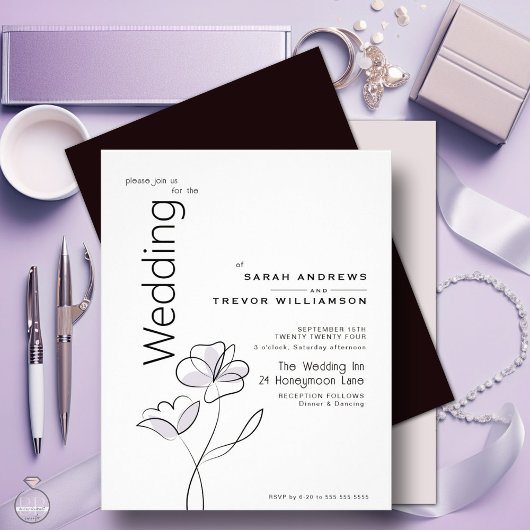 フローラモダンミュートほこりっぽいプラム結婚式招待状 チラシ