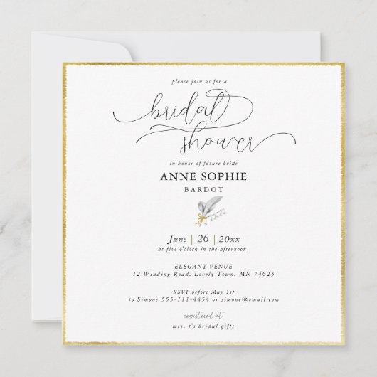 フローラモダンリリーバレーブラック金ゴールドブライダルシャワー 招待状 (正面)