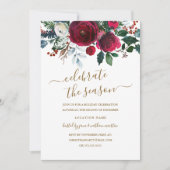 フローラモダンレッドブルゴーニュ金ゴールドホリデーパーティー 招待状 (正面)