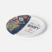 フローラモダンレッドブルーデニムブルージャンベビーシャワー ペーパープレート (アングル)