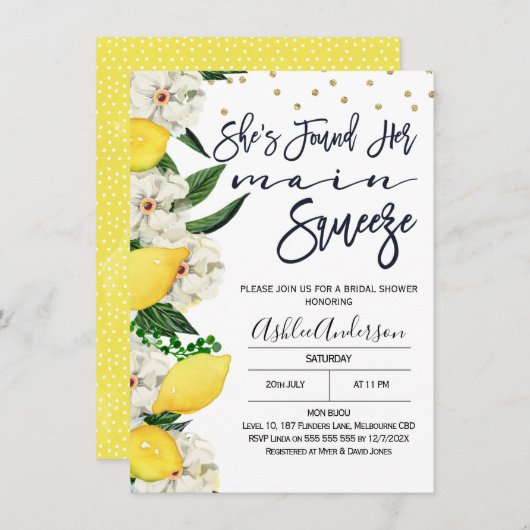 フローラモダンレモンメインスクイーズブライダルシャワー 招待状 (正面/裏面)