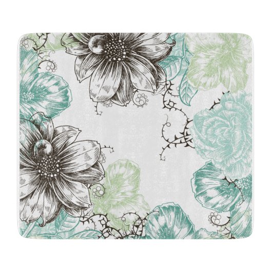 フローラモダンヴィンテージグラフィック花アクアブラック カッティングボード (正面)