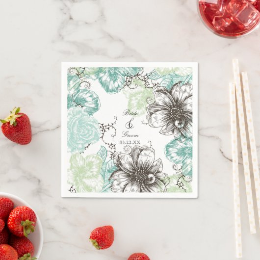 フローラモダンヴィンテージグラフィック花アクアブラック スタンダードカクテルナプキン (インサイチュ)