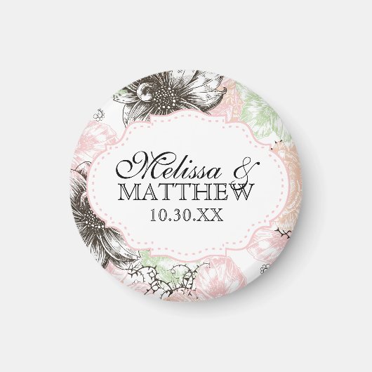 フローラモダンヴィンテージグラフィック花ピンク黒 マグネット (正面)