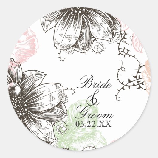 フローラモダンヴィンテージグラフィック花ピンク黒 ラウンドシール (正面)