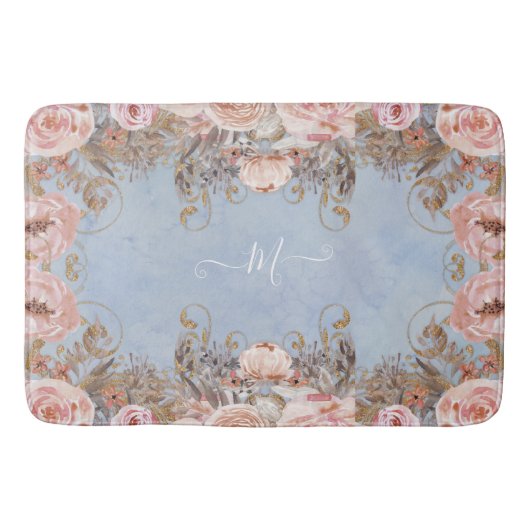 フローラモダンヴィンテージブルーピンクロセスウォーターカラー バスマット (正面)