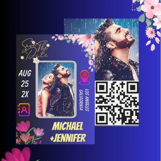 フローラモダン写真QRコード結婚式の日付の保存 招待状