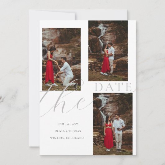 フローラモダン山結婚の3枚の写真救日付 招待状 (正面)