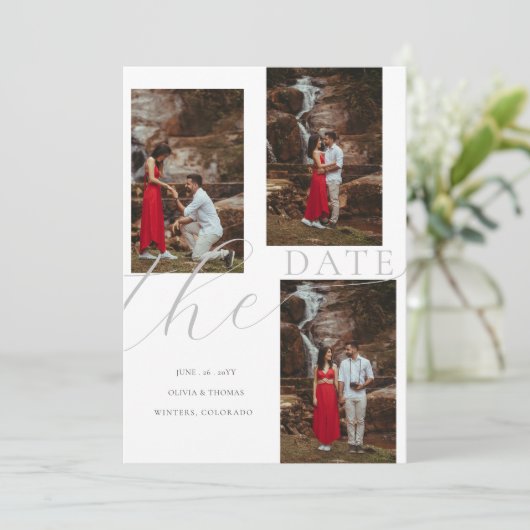 フローラモダン山結婚の3枚の写真救日付 招待状 (スタンド正面)