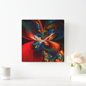 フローラモダン抽象芸術アートオレンジブルーパターン#14 スクエア壁時計 (ホーム)