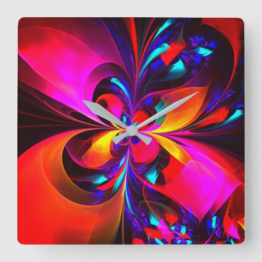 フローラモダン抽象芸術アートレッドブルーパターン#07 スクエア壁時計 (正面)