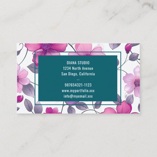 フローラモダン明るい赤紫色グリーン名刺 名刺 (裏面)