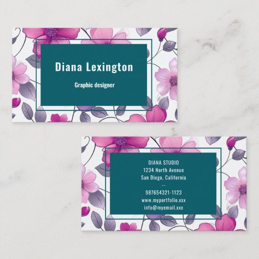 フローラモダン明るい赤紫色グリーン名刺 名刺 (正面/裏面)