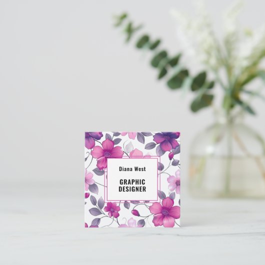 フローラモダン明るい赤紫色ピンク名刺 スクエア名刺 (スタンド正面)